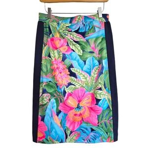 Retro Just In‎ Time Tropical Floral Stretch Pencil Skirt Green Navy Size Medium